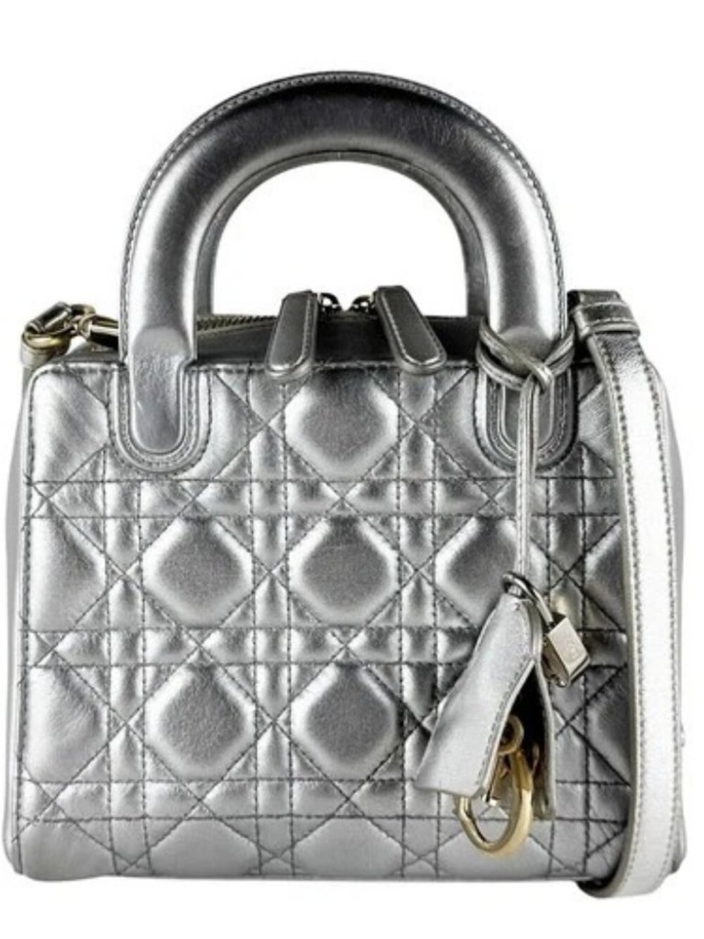 Auth Christian Dior Lily Handbag Shoulder Bag Silver Leather - z10567